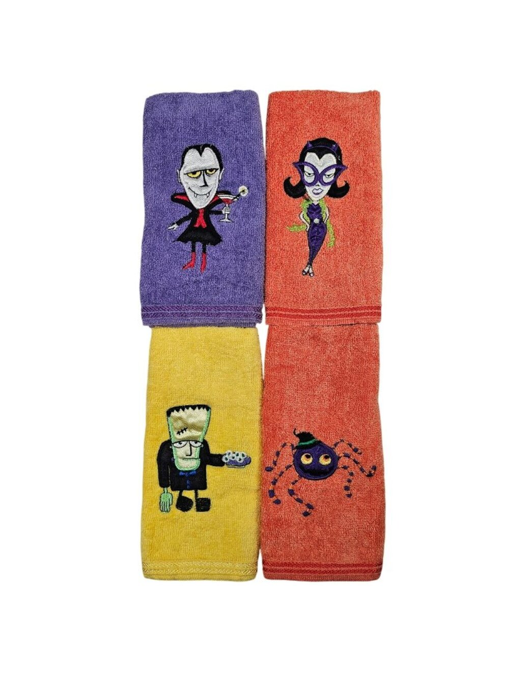 Set of 4 Vintage Halloween Hand Towels Embroidered Frankenstein Dracula Spider